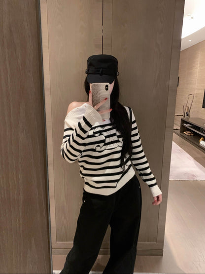 Celine Arc de Triomphe Appliqué Embroidered Striped Knit Sweater