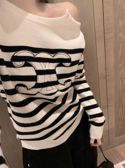 Celine Arc de Triomphe Appliqué Embroidered Striped Knit Sweater