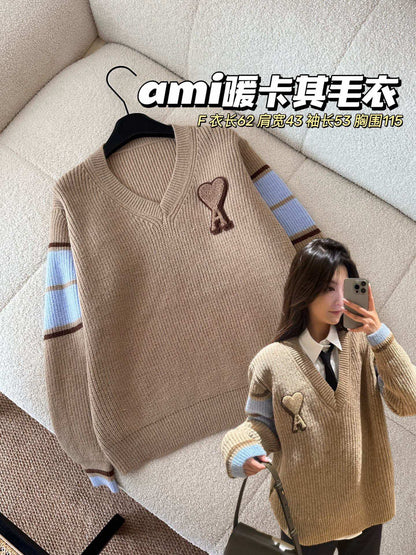 AMI Paris Warm Khaki V-Neck Sweater