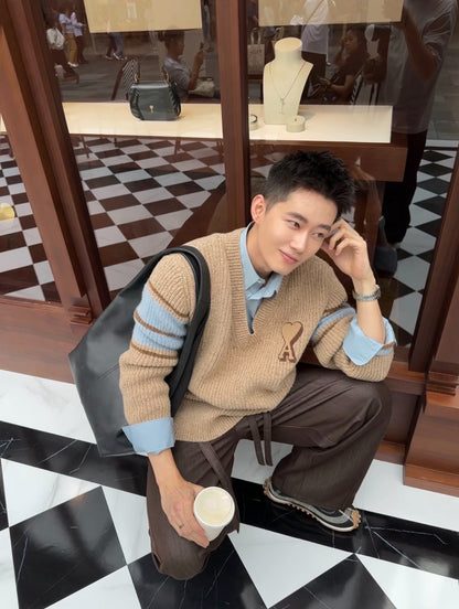 AMI Paris Warm Khaki V-Neck Sweater