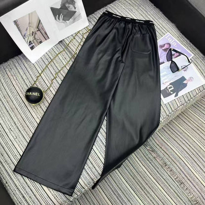 Miu Miu Letter Elastic Waist Straight Leather Pants