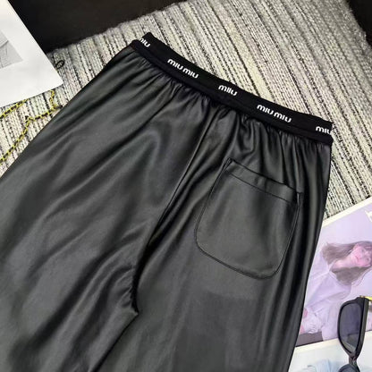 Miu Miu Letter Elastic Waist Straight Leather Pants