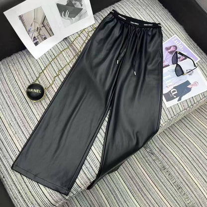 Miu Miu Letter Elastic Waist Straight Leather Pants