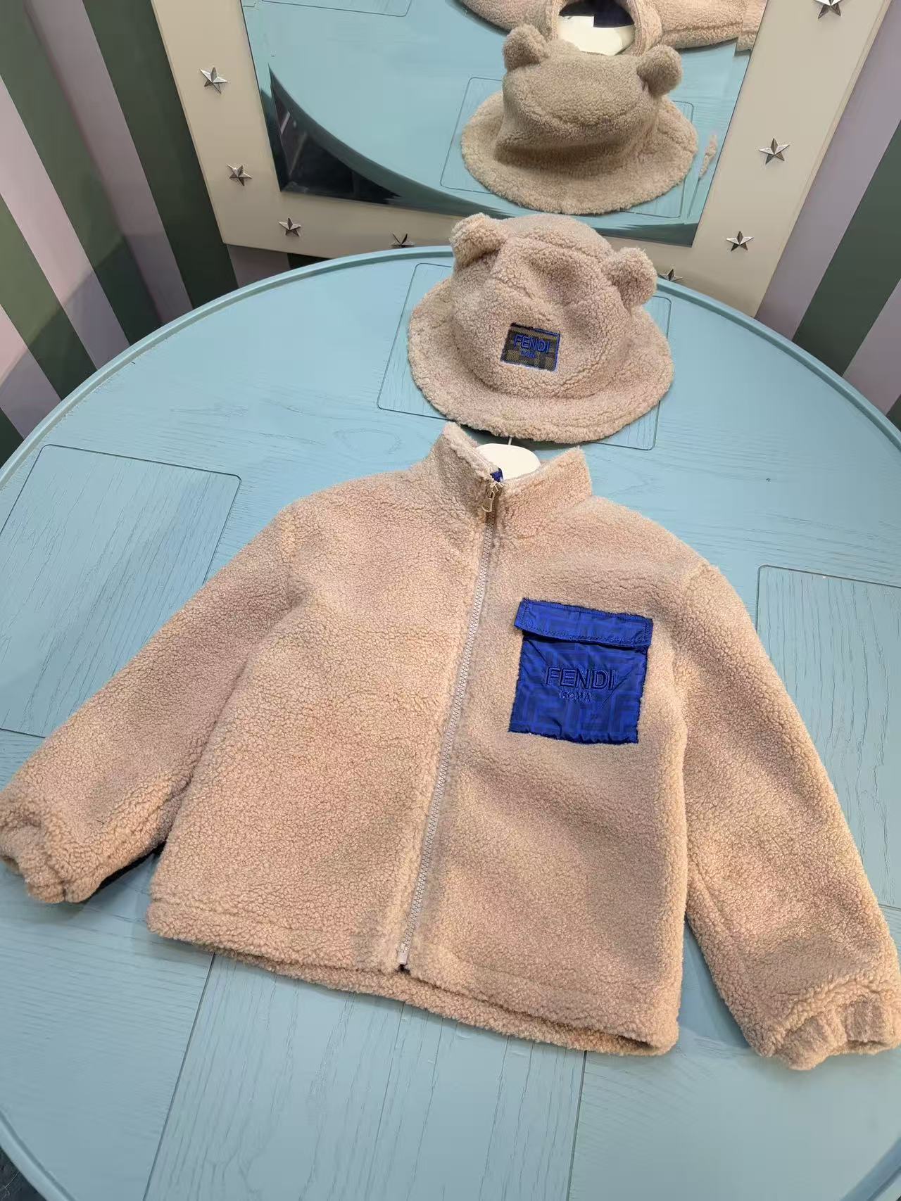 Fendi Kids Faux Lamb Fleece Jacket and Hat Set – 25SS