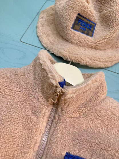 Fendi Kids Faux Lamb Fleece Jacket and Hat Set – 25SS