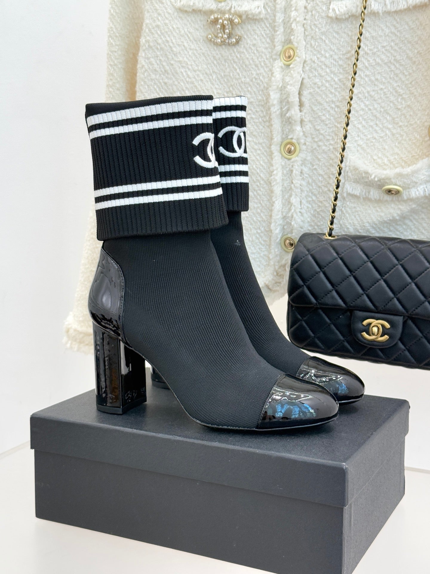 Chanel Classic Embroidered Double C Color-Block Sock Boots