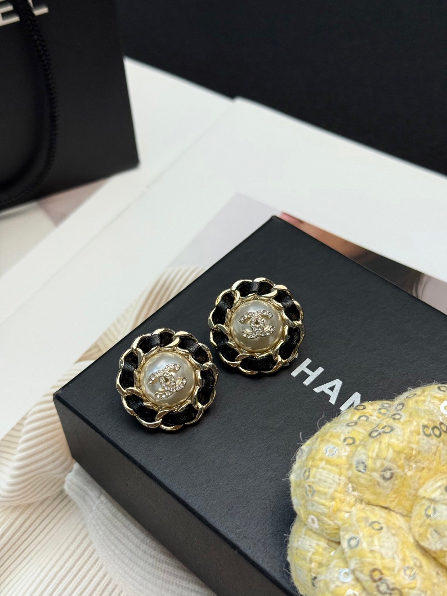 Chanel Vintage Sunflower Woven Pearl Stud Earrings