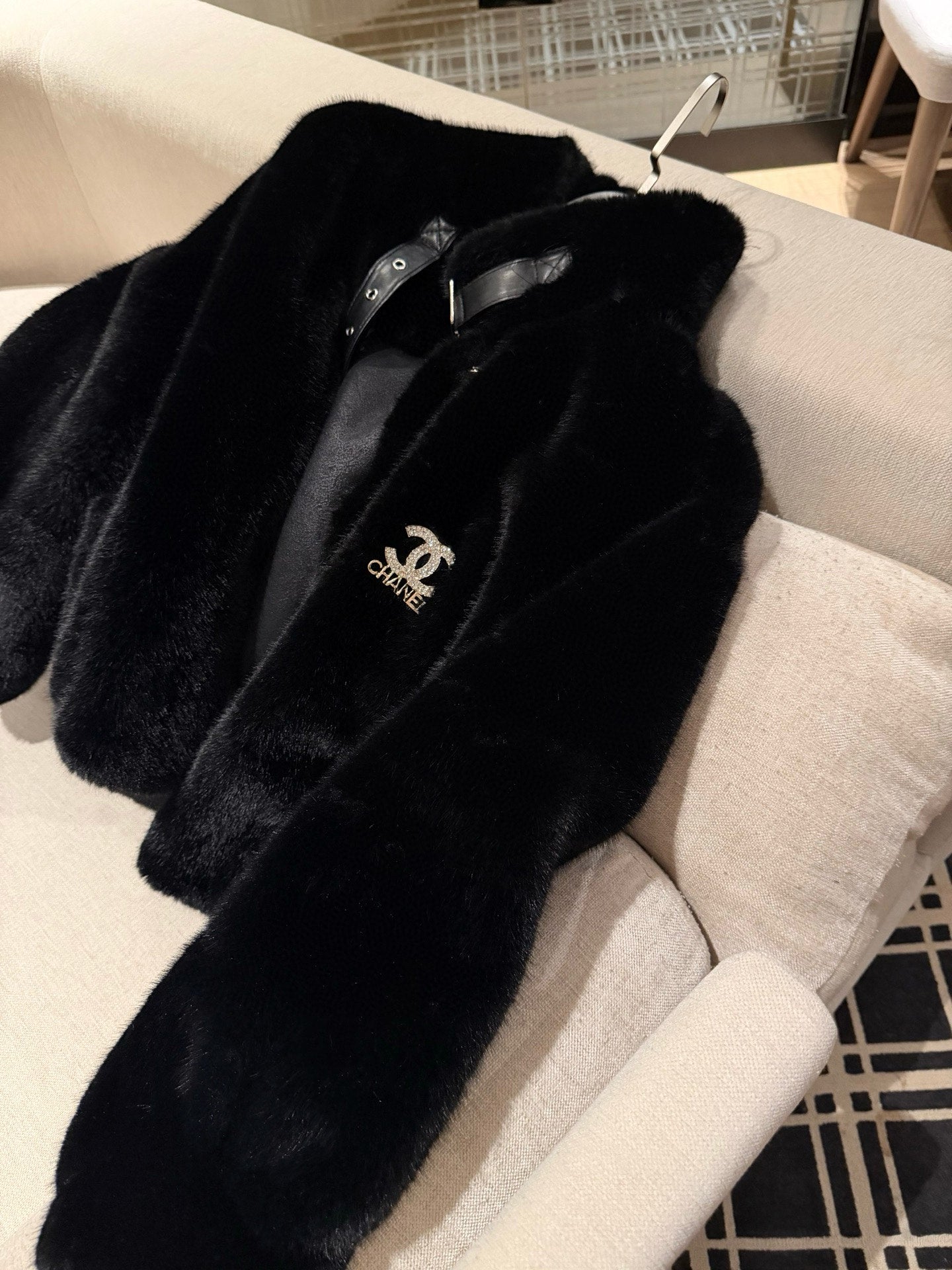 Chanel Faux Fur Coat with Brooch