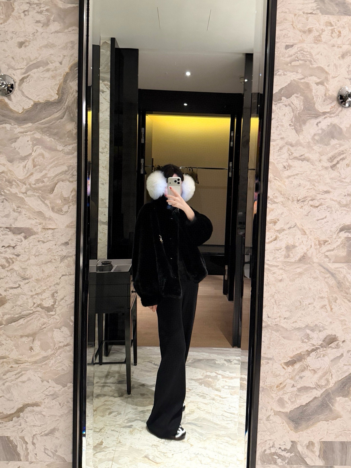 Chanel Faux Fur Coat with Brooch