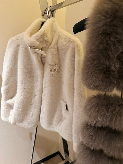 Chanel Faux Fur Coat with Brooch