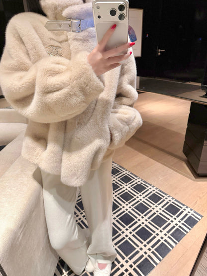 Chanel Faux Fur Coat with Brooch
