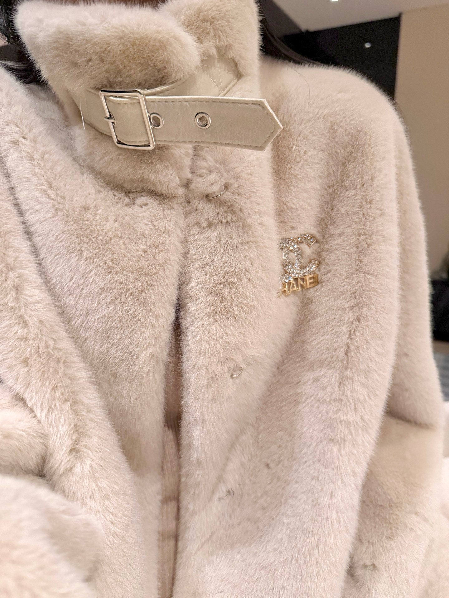 Chanel Faux Fur Coat with Brooch