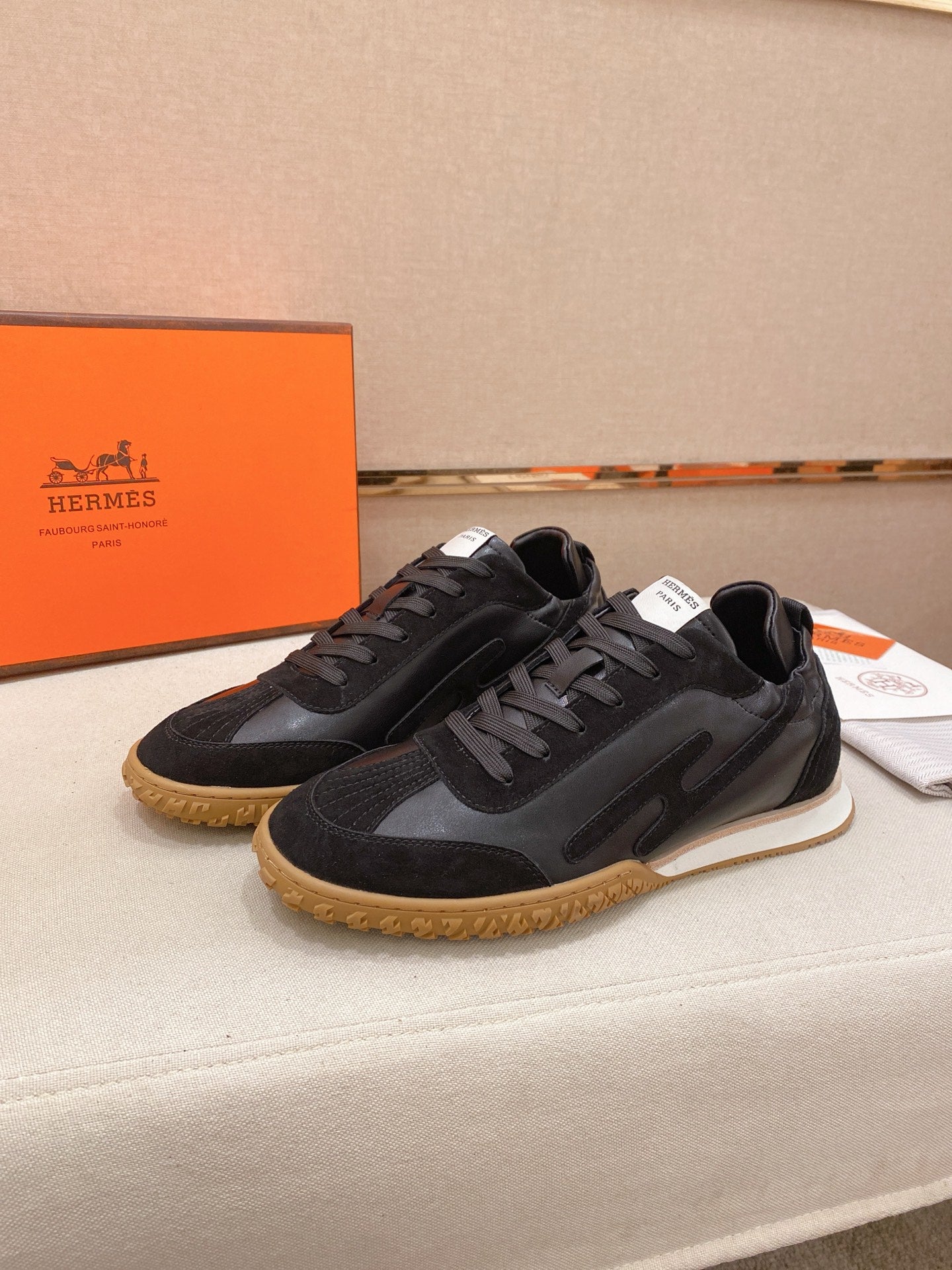 Hermès Suede and Goatskin H Detail Sneakers