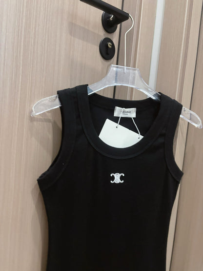 Celine Triomphe Embroidered Ribbed Tank Top
