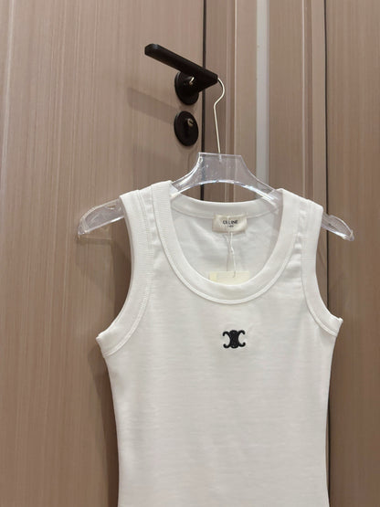 Celine Triomphe Embroidered Ribbed Tank Top