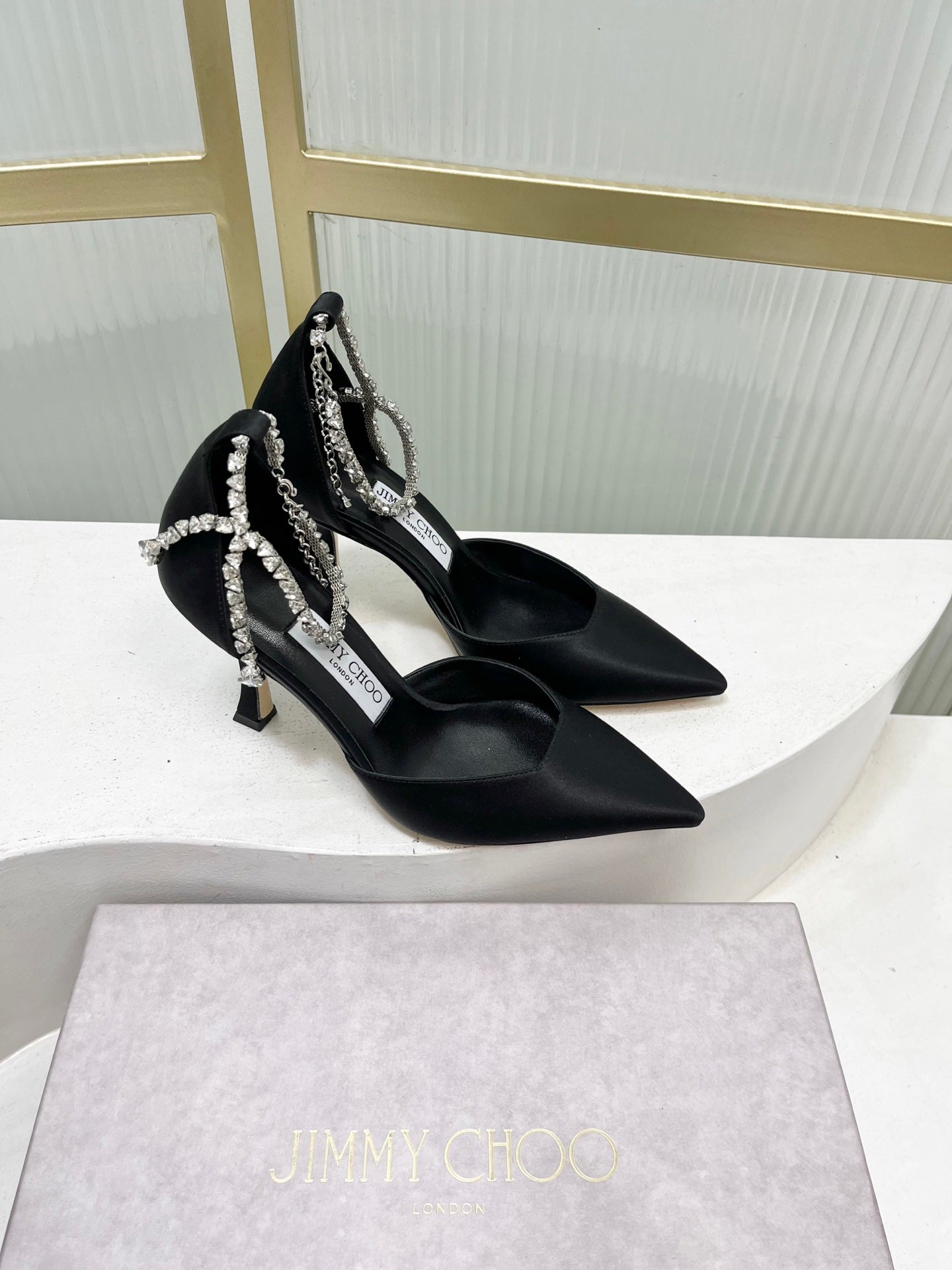 Jimmy Choo Stevie 100 Bow Crystal Silk Heels – 2025SS