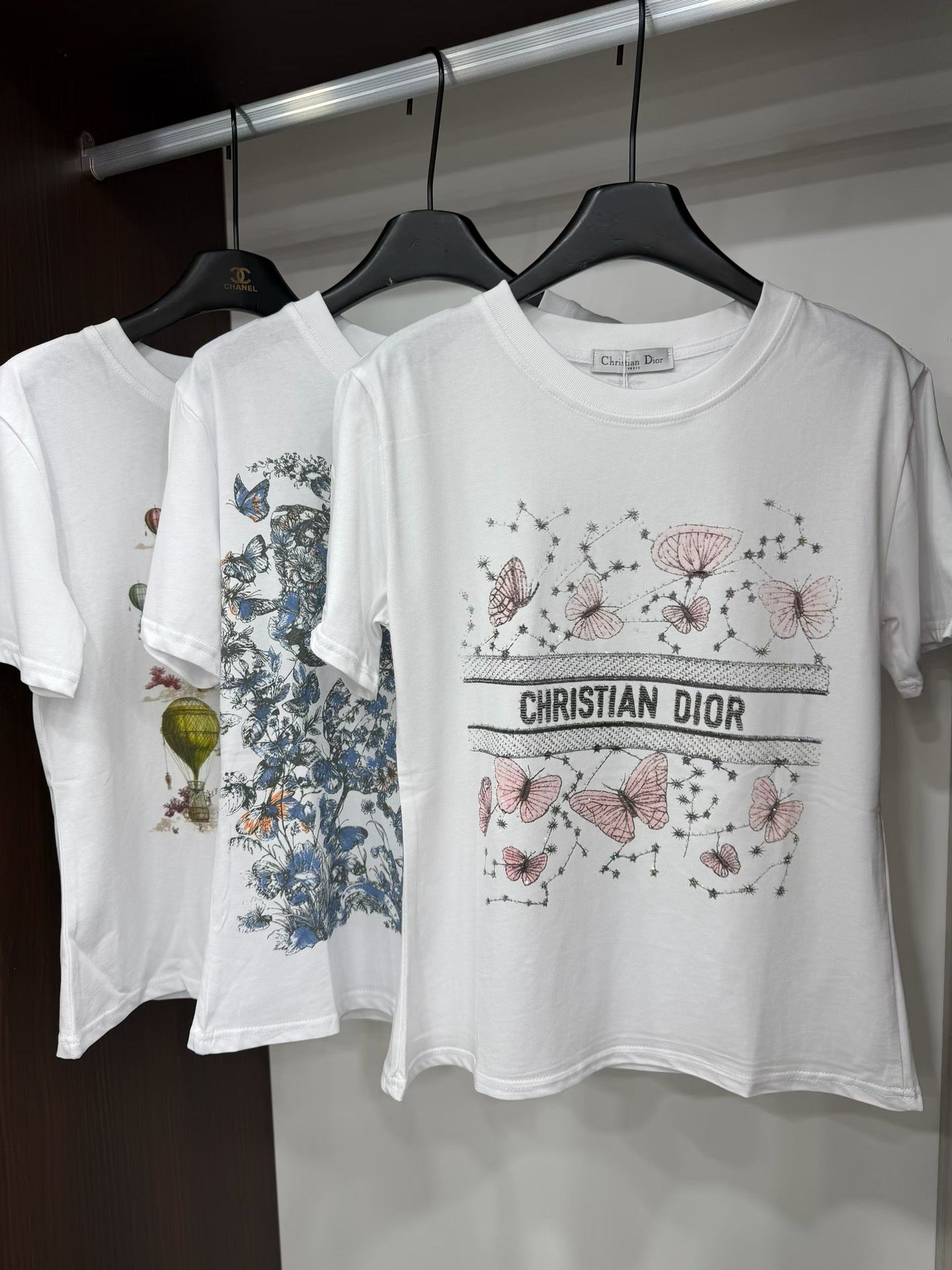 Dior Pink Butterfly Rhinestone Print T-Shirt
