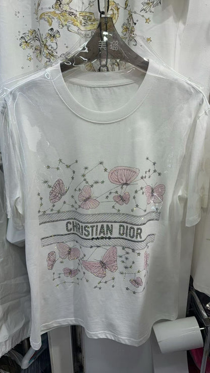 Dior Pink Butterfly Rhinestone Print T-Shirt