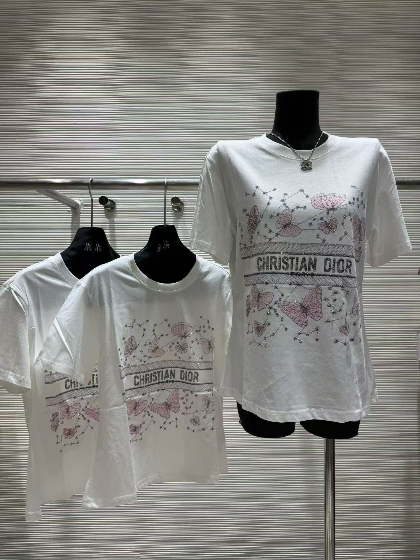 Dior Pink Butterfly Rhinestone Print T-Shirt