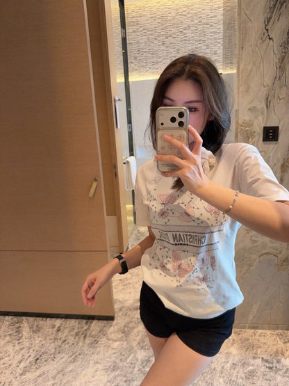 Dior Pink Butterfly Rhinestone Print T-Shirt