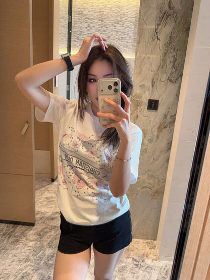 Dior Pink Butterfly Rhinestone Print T-Shirt