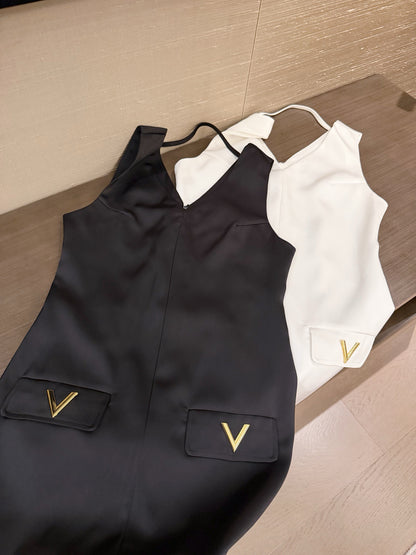 Valentino V-Neck Satin Dress with V Logo Detail