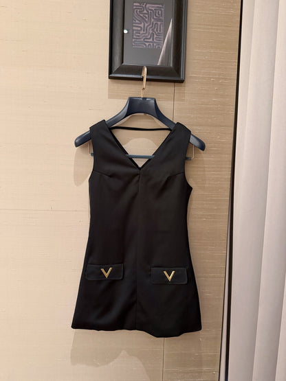 Valentino V-Neck Satin Dress with V Logo Detail