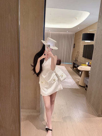 Valentino V-Neck Satin Dress with V Logo Detail