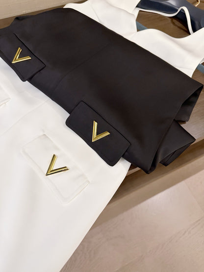 Valentino V-Neck Satin Dress with V Logo Detail