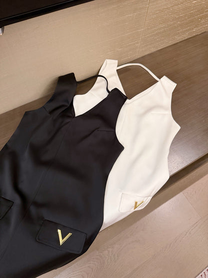 Valentino V-Neck Satin Dress with V Logo Detail