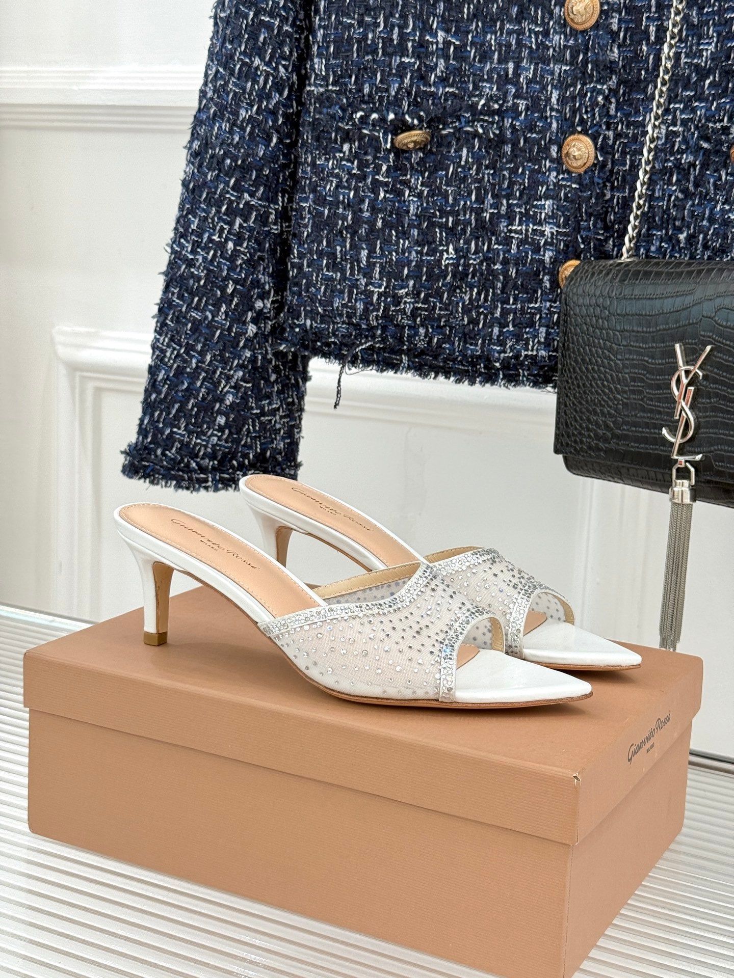 Gianvito Rossi Mesh Rhinestone Pointed-Toe Mules – 26WF