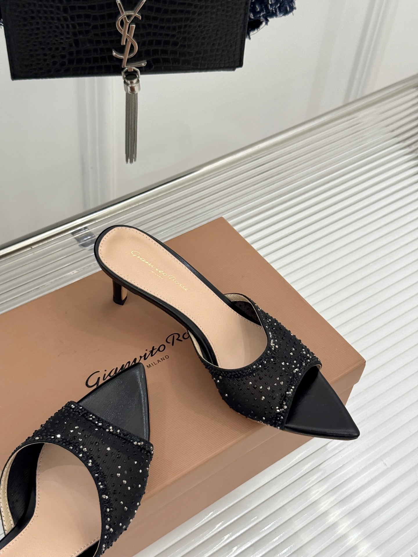 Gianvito Rossi Mesh Rhinestone Pointed-Toe Mules – 26WF