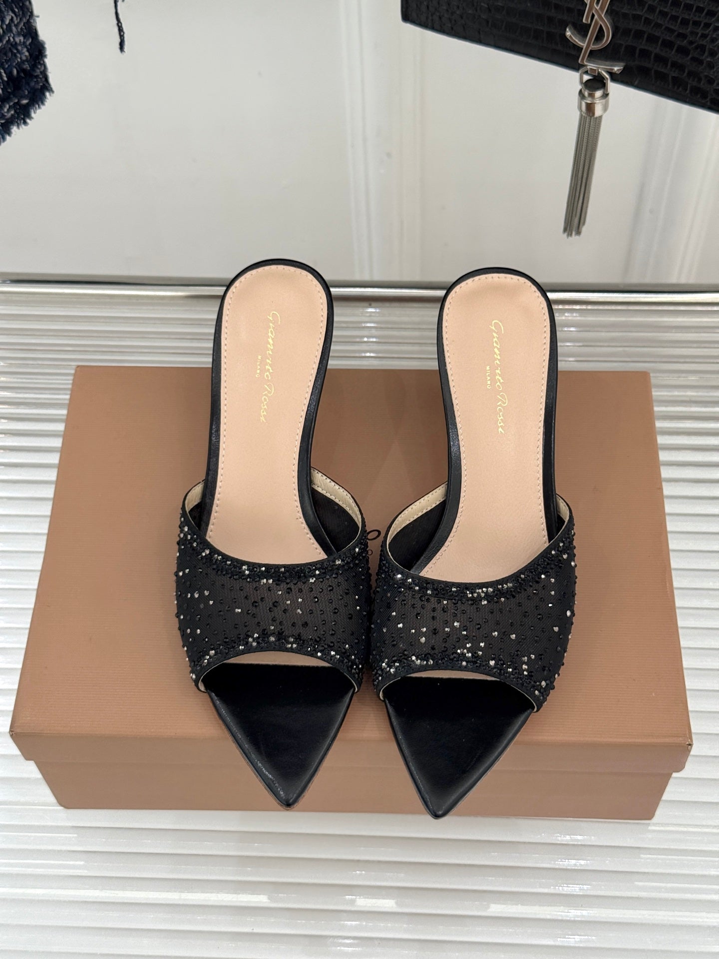 Gianvito Rossi Mesh Rhinestone Pointed-Toe Mules – 26WF