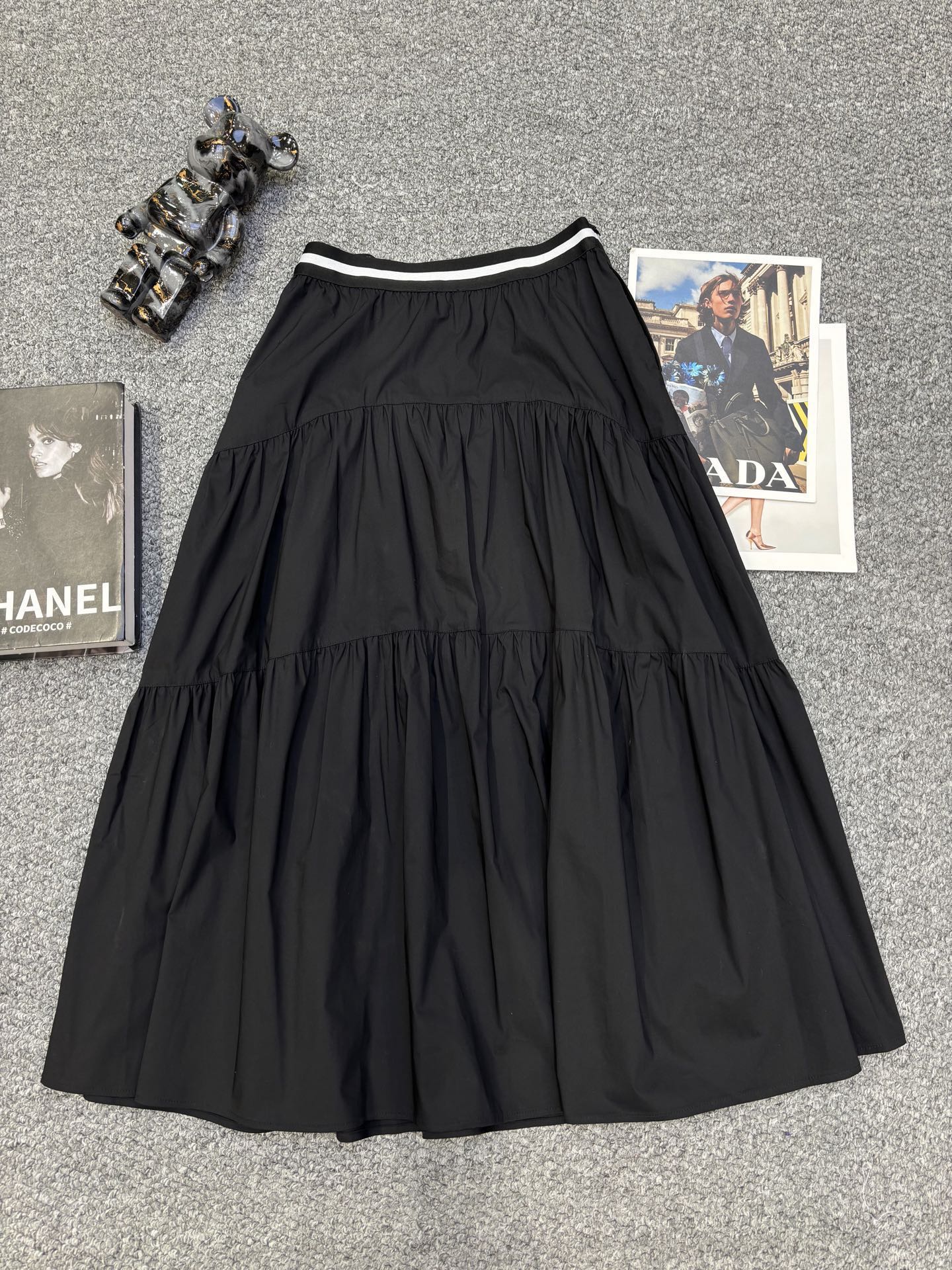 Prada Triangle Logo Webbing Waistband Flared Skirt