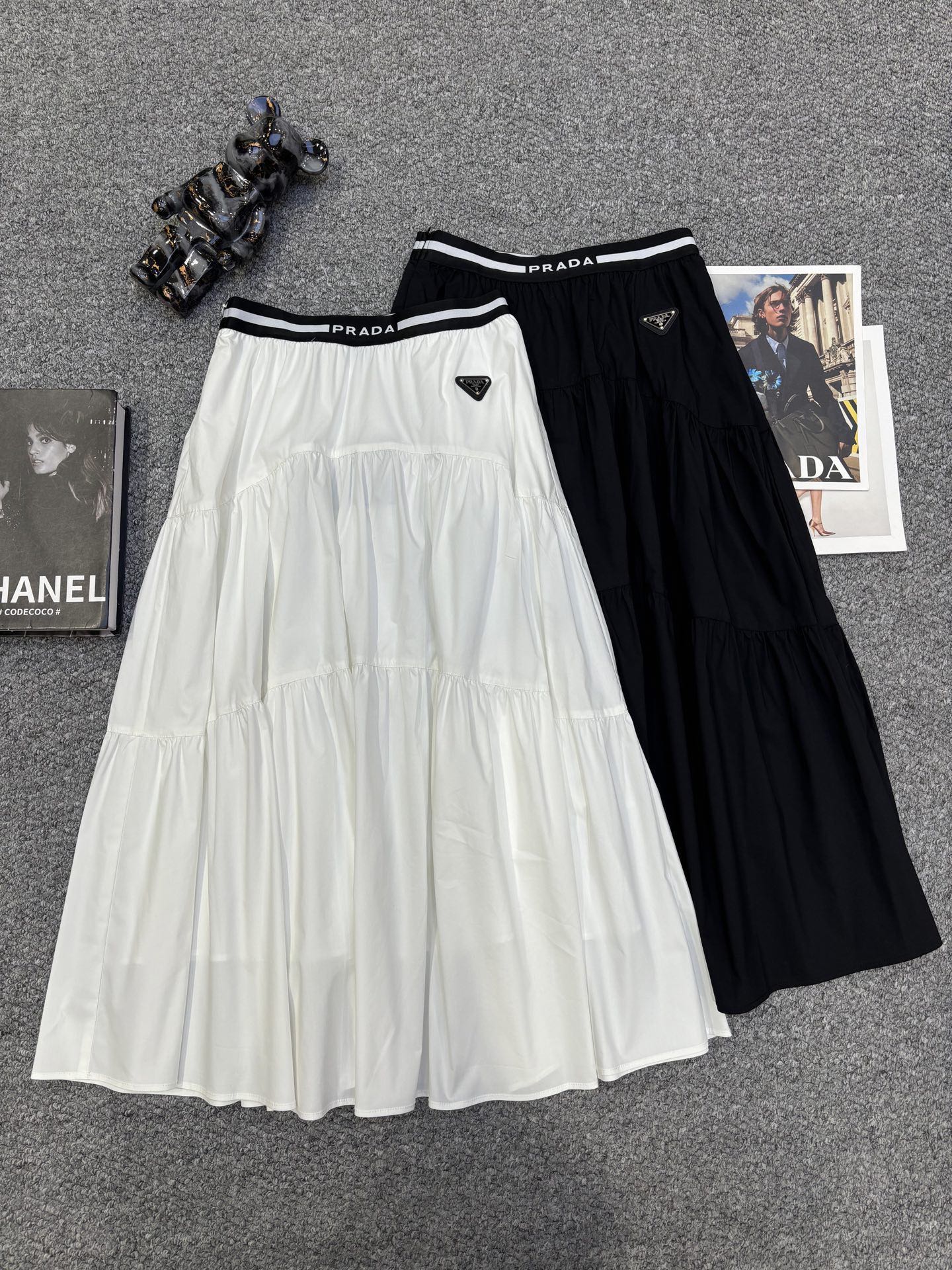 Prada Triangle Logo Webbing Waistband Flared Skirt