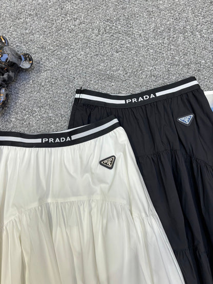 Prada Triangle Logo Webbing Waistband Flared Skirt