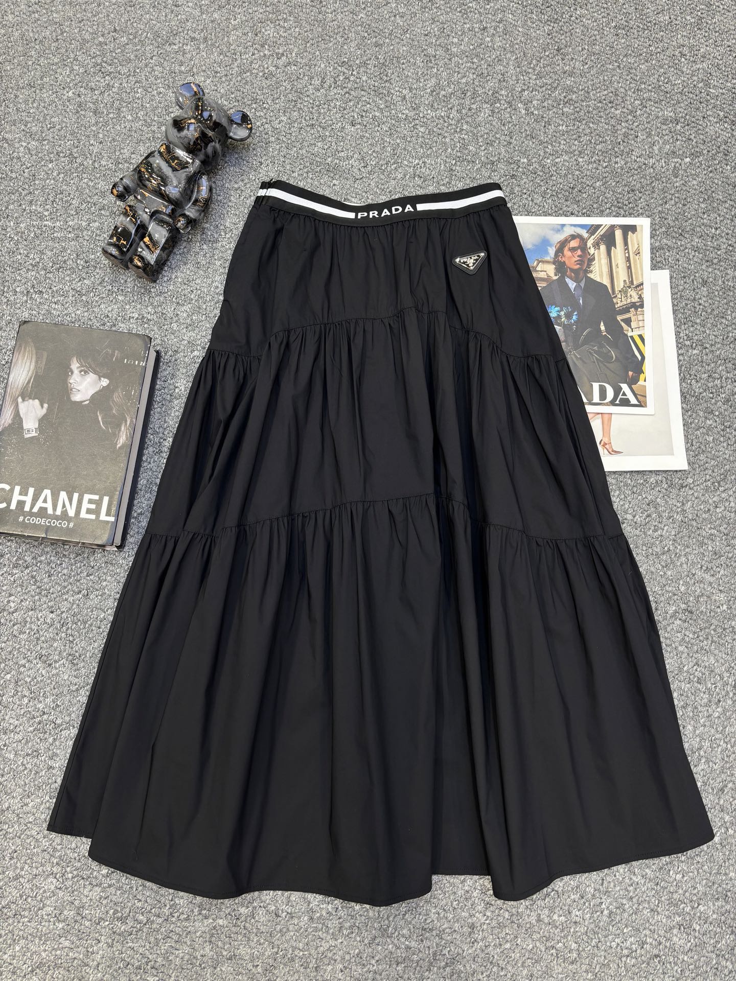 Prada Triangle Logo Webbing Waistband Flared Skirt