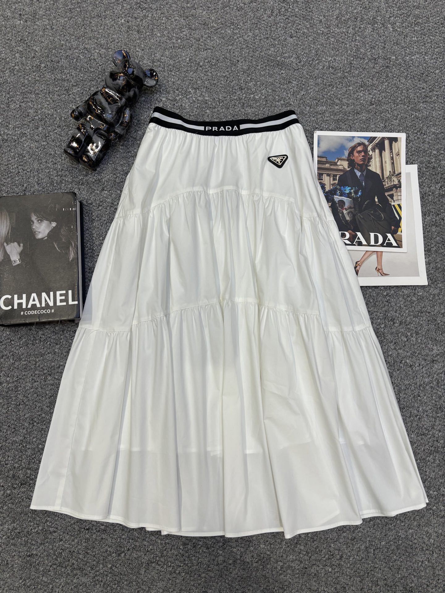 Prada Triangle Logo Webbing Waistband Flared Skirt