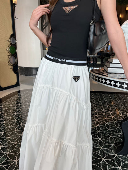Prada Triangle Logo Webbing Waistband Flared Skirt