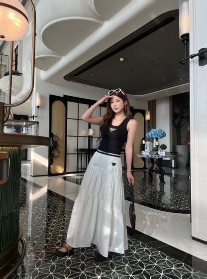 Prada Triangle Logo Webbing Waistband Flared Skirt