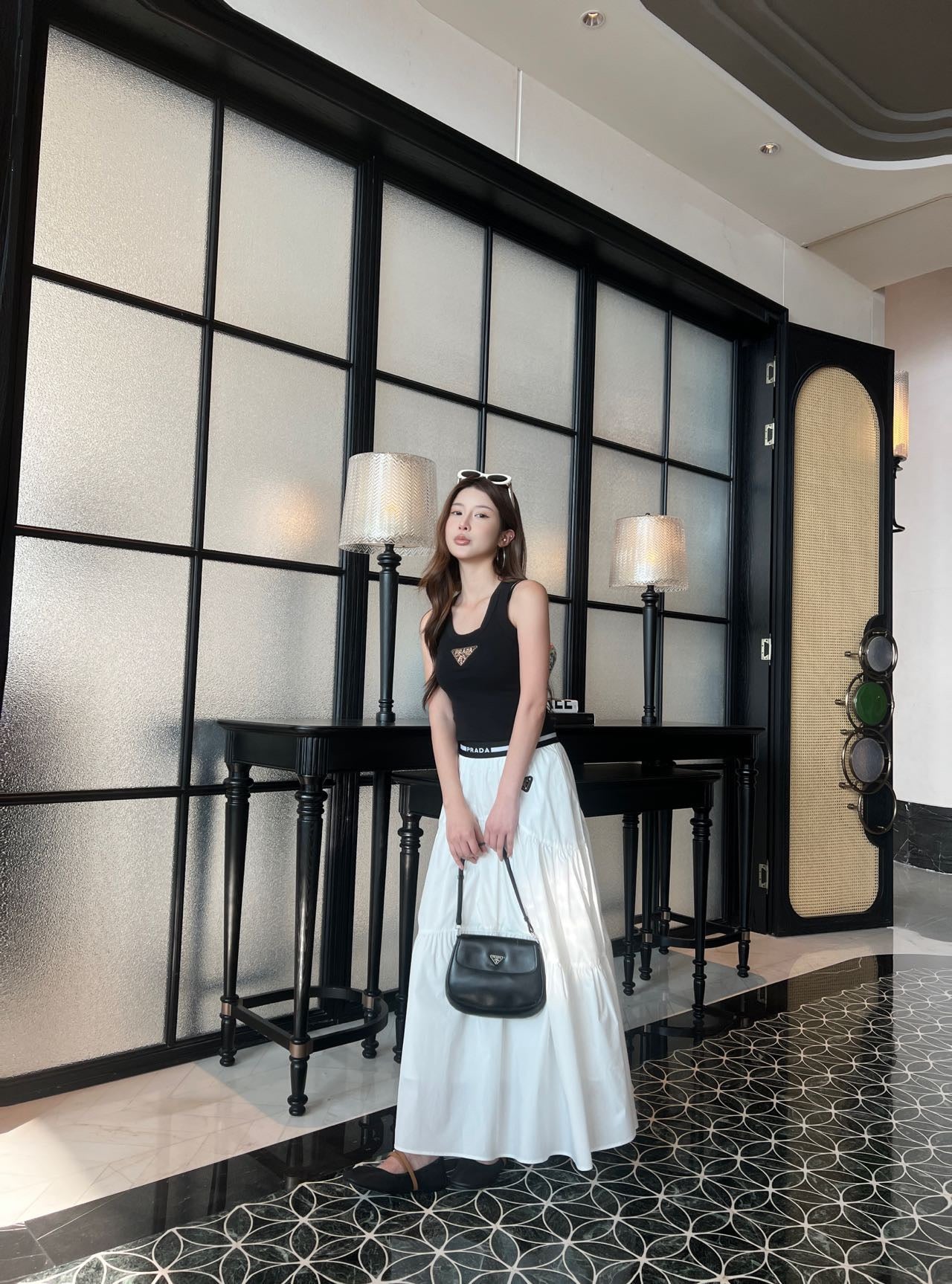 Prada Triangle Logo Webbing Waistband Flared Skirt