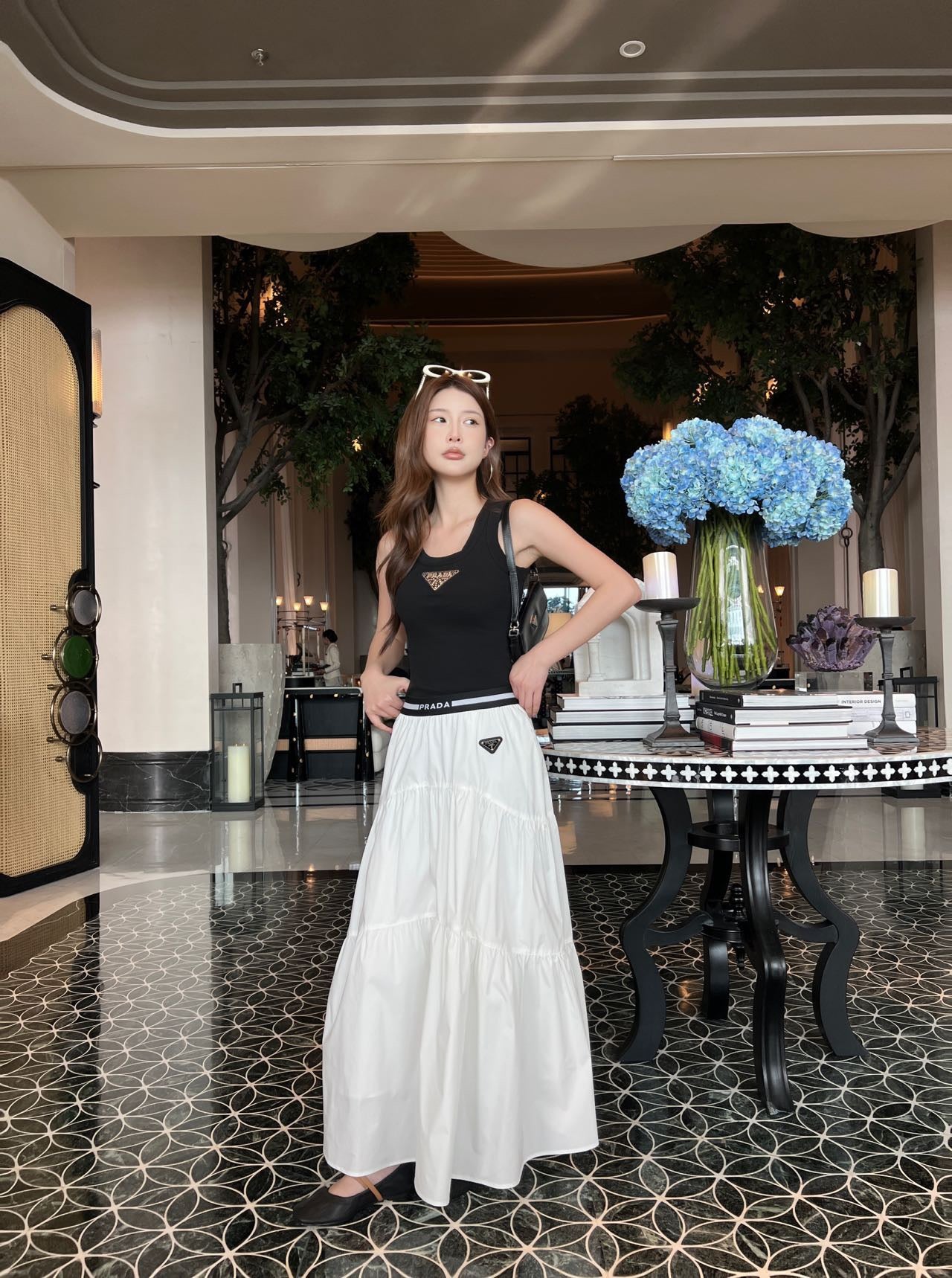 Prada Triangle Logo Webbing Waistband Flared Skirt