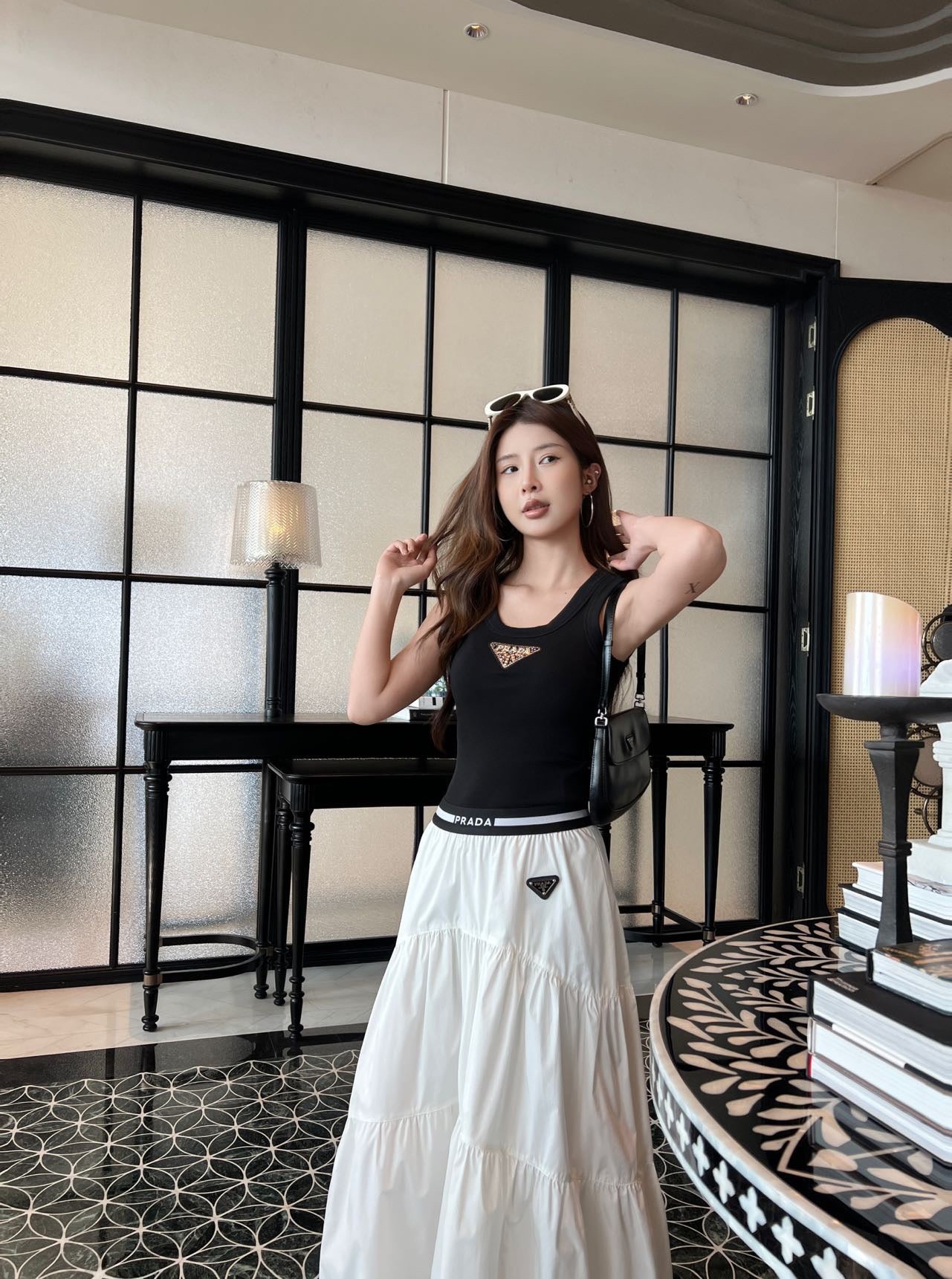 Prada Triangle Logo Webbing Waistband Flared Skirt