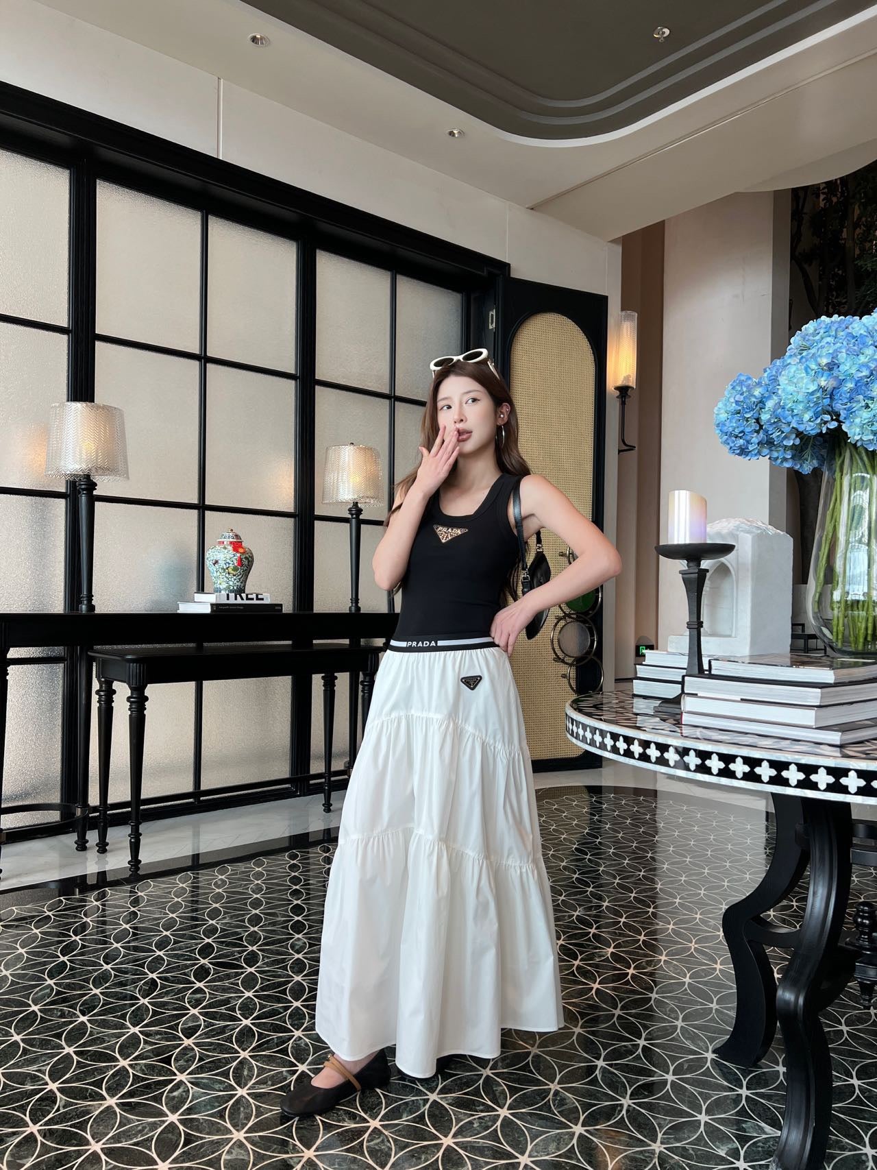 Prada Triangle Logo Webbing Waistband Flared Skirt