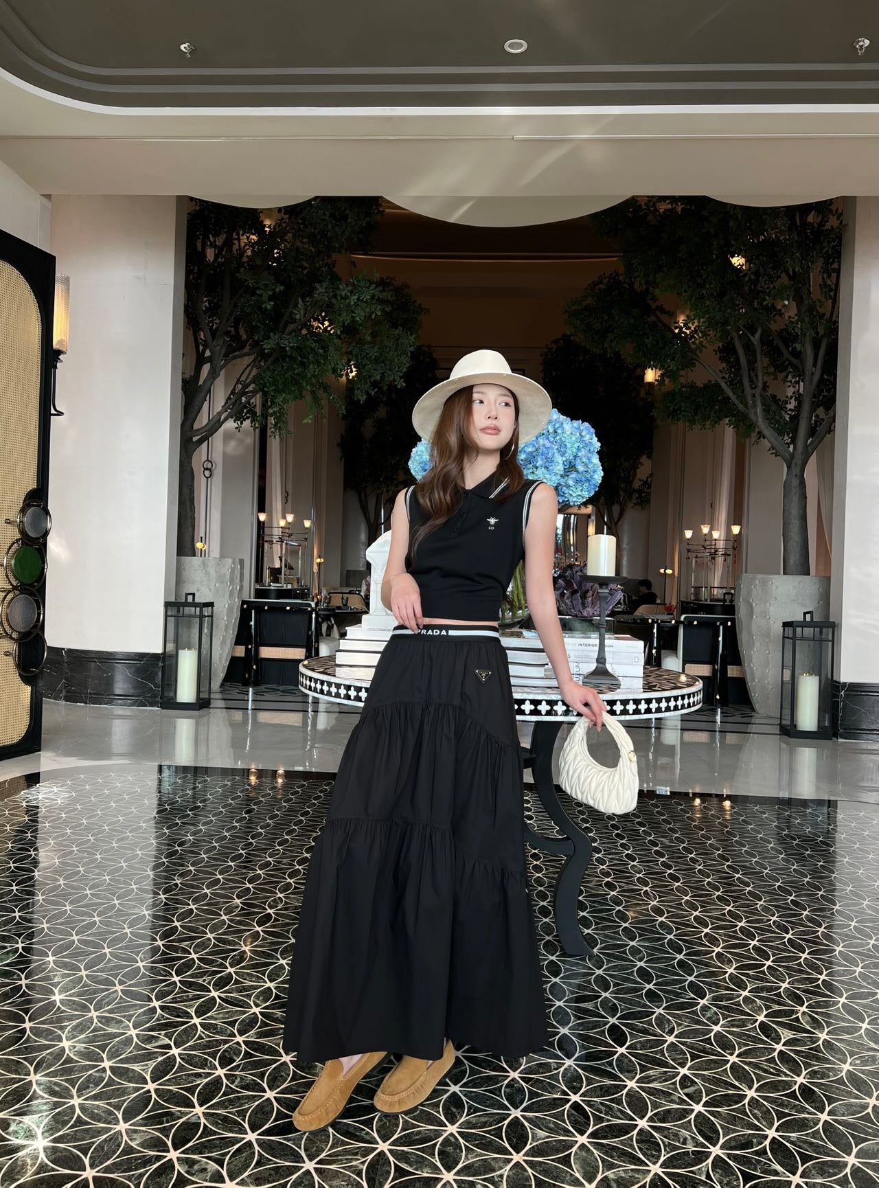 Prada Triangle Logo Webbing Waistband Flared Skirt