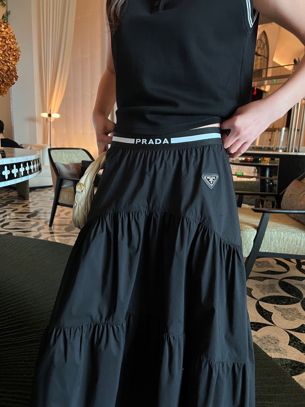 Prada Triangle Logo Webbing Waistband Flared Skirt