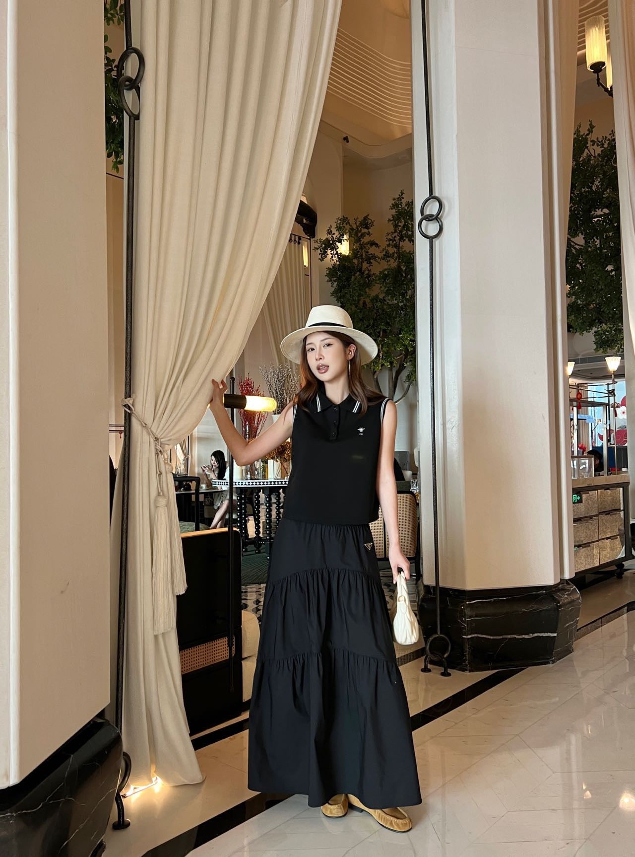 Prada Triangle Logo Webbing Waistband Flared Skirt