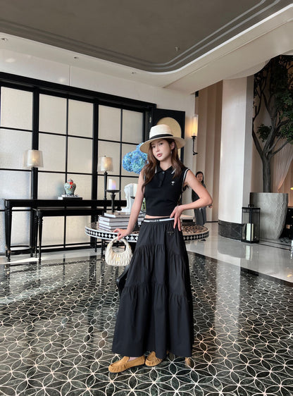 Prada Triangle Logo Webbing Waistband Flared Skirt