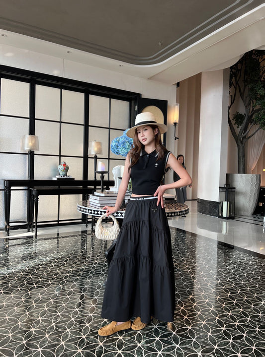 Prada Triangle Logo Webbing Waistband Flared Skirt