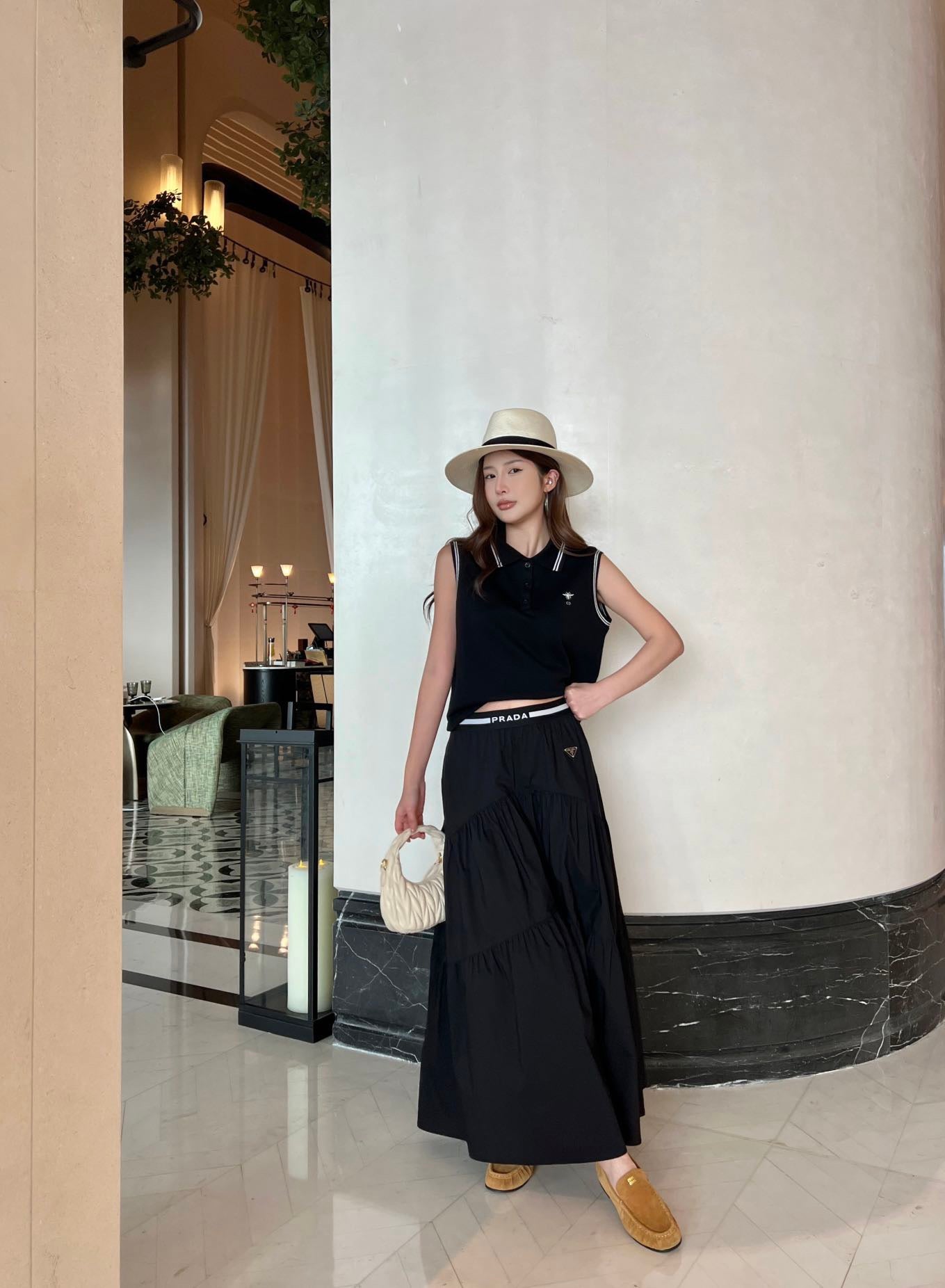 Prada Triangle Logo Webbing Waistband Flared Skirt